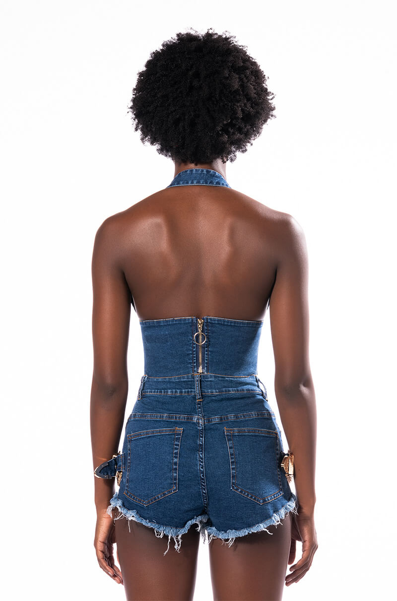 Extra View Blue Jean Baby Buckle Halter Crop Top