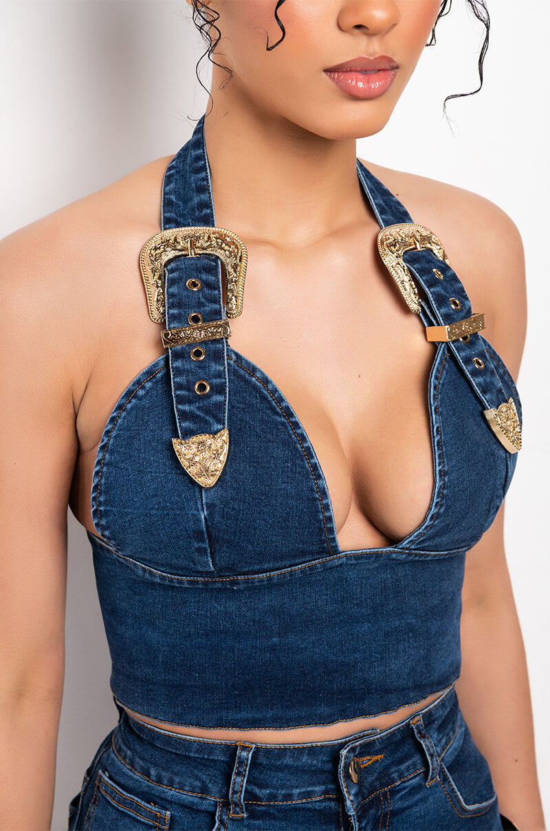 Extra View Blue Jean Baby Buckle Halter Crop Top