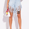 Front View Blue Lagoon Super Shredded Fringe Denim Short