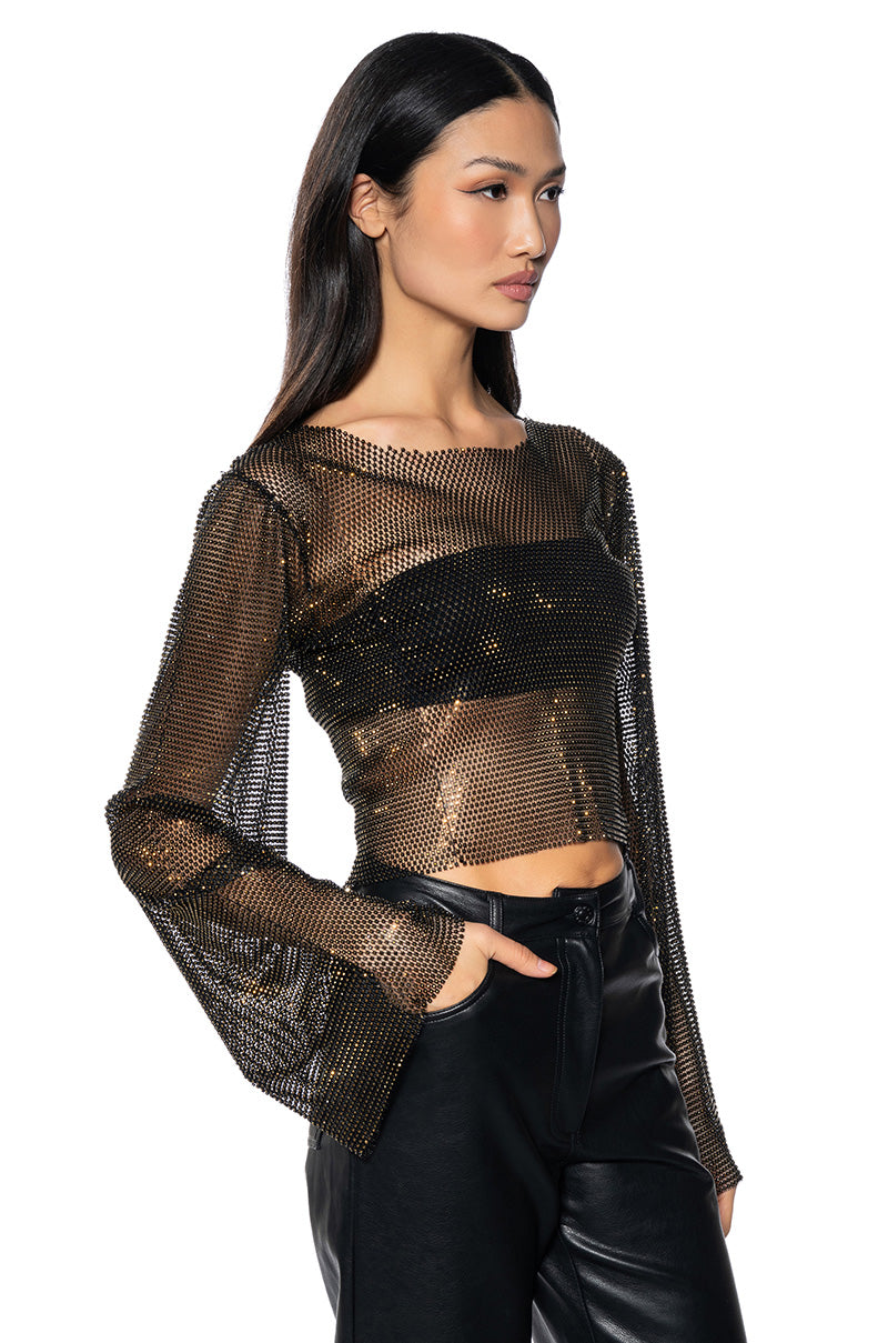 Front View Blurred Love Long Sleeve Rhinestone Top In Black