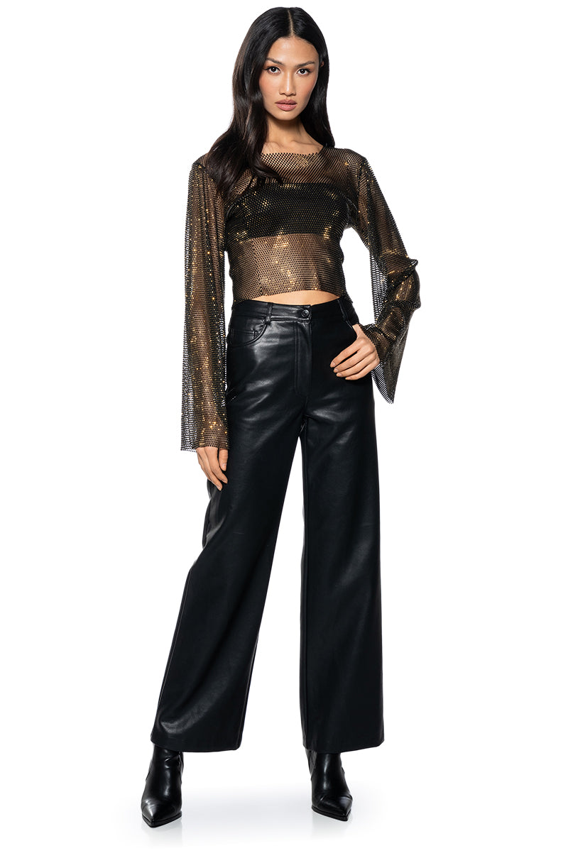 Back View Blurred Love Long Sleeve Rhinestone Top In Black