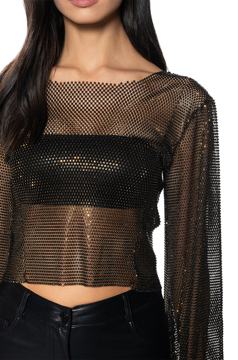 Square V-Neck Padded Mesh Long Sleeve Top with Rhinestones in Black