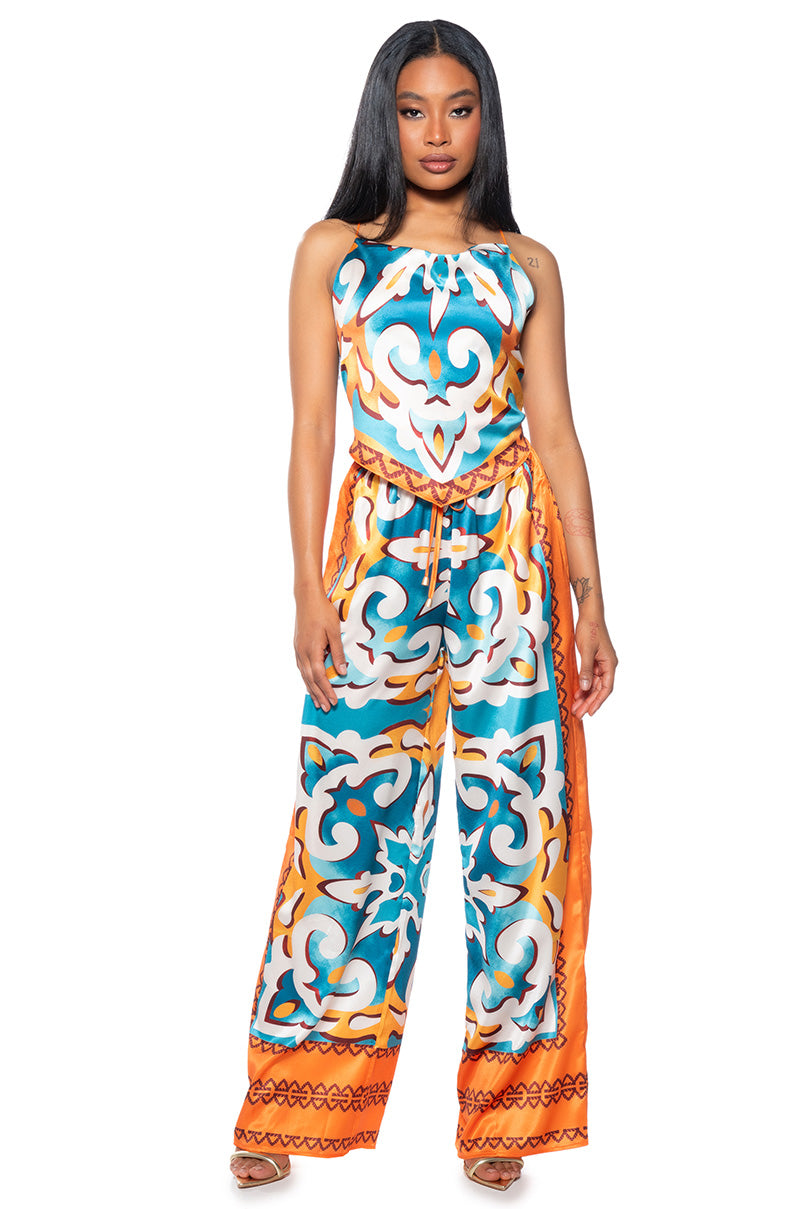 Front View Boardwalk Stroll Handkerchief Top And Palazzo Pant Set