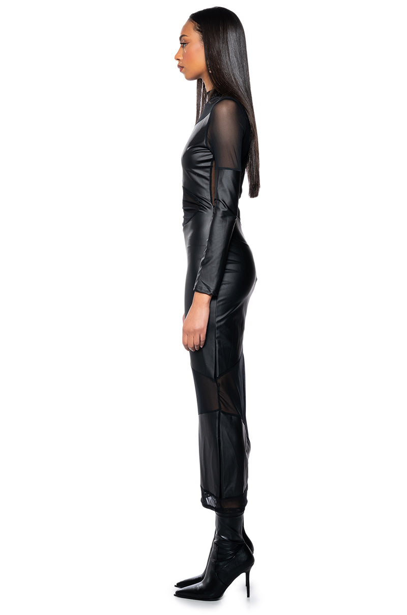 Back View Body Oddy Mesh Pu Maxi Dress