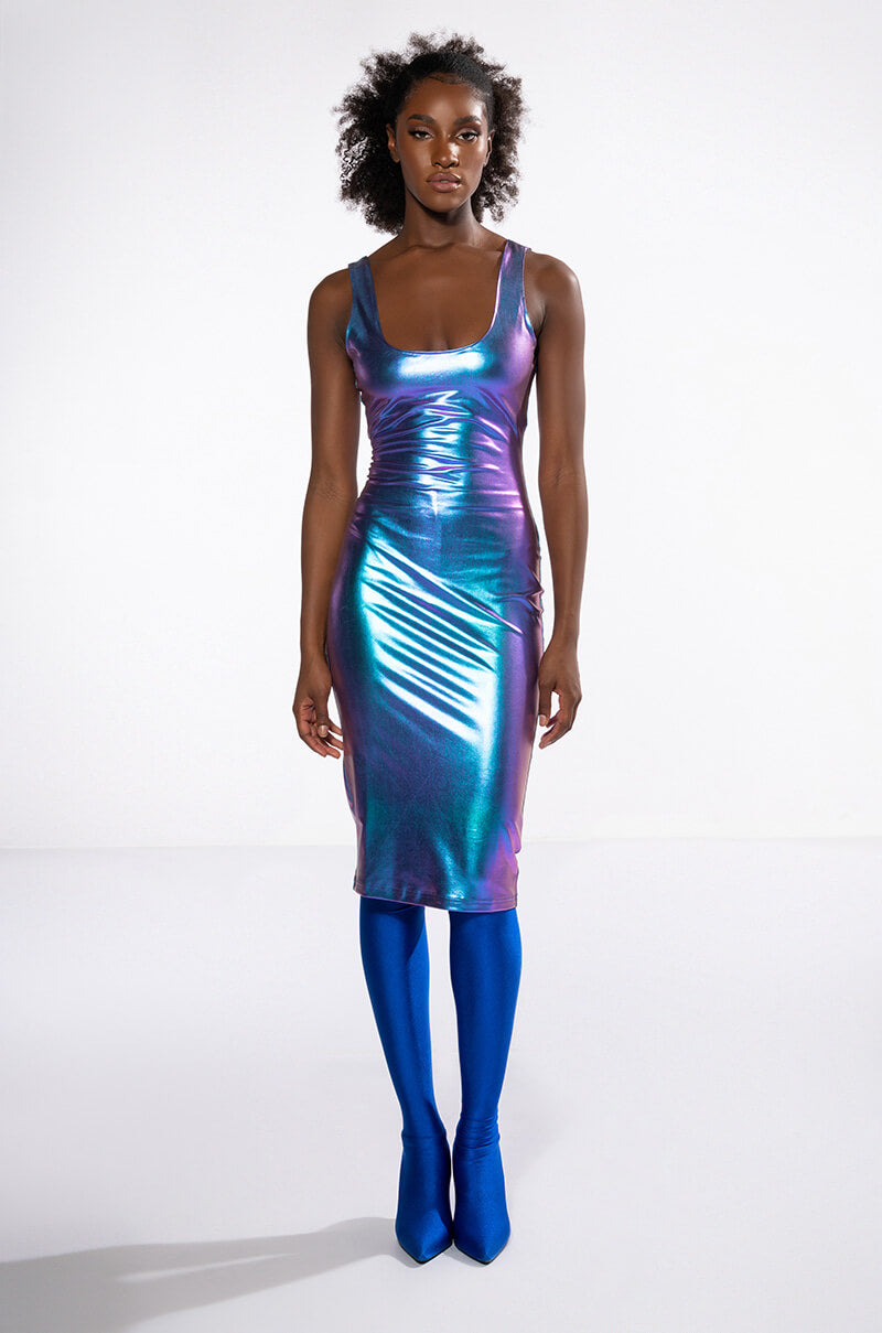 purple metallic dress BODYWORK SLEEVELESS METALLIC BODYCON MIDI DRESS – AKIRA