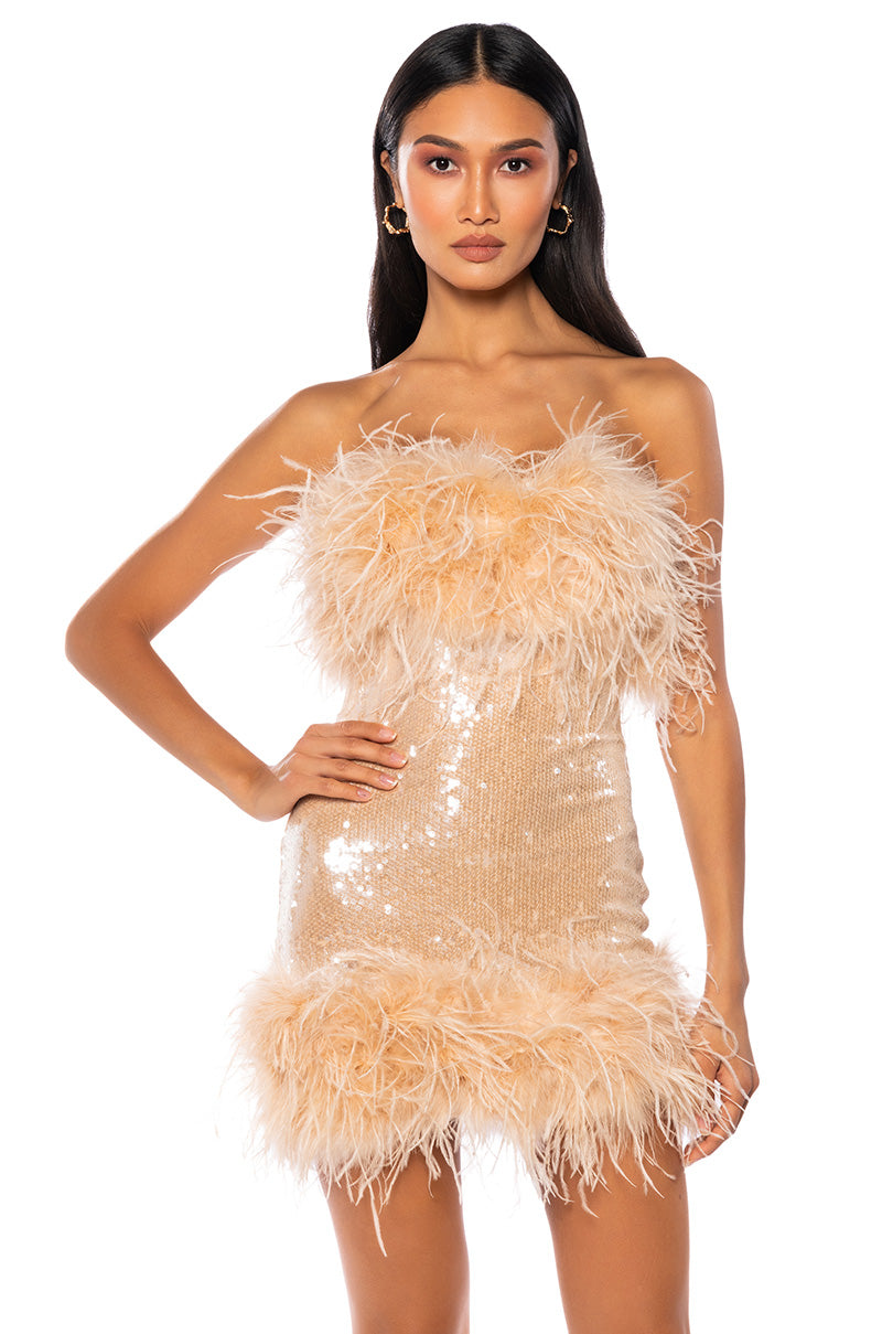BON ANNIVERSAIRE FEATHER TRIM SEQUIN MINI DRESS AKIRA BON ANNIVERSAIRE FEATHER TRIM SEQUIN MINI DRESS AKIRA