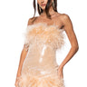 Front View Bon Anniversaire Feather Trim Sequin Mini Dress In Beige