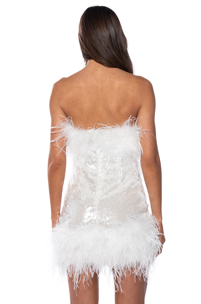 Full View Bon Anniversaire Feather Trim Sequin Mini Dress In White