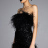 Front View Bon Anniversaire Feather Trim Sequin Mini Dress