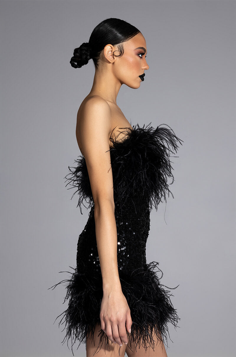 BON ANNIVERSAIRE FEATHER TRIM SEQUIN MINI DRESS AKIRA BON ANNIVERSAIRE FEATHER TRIM SEQUIN MINI DRESS AKIRA