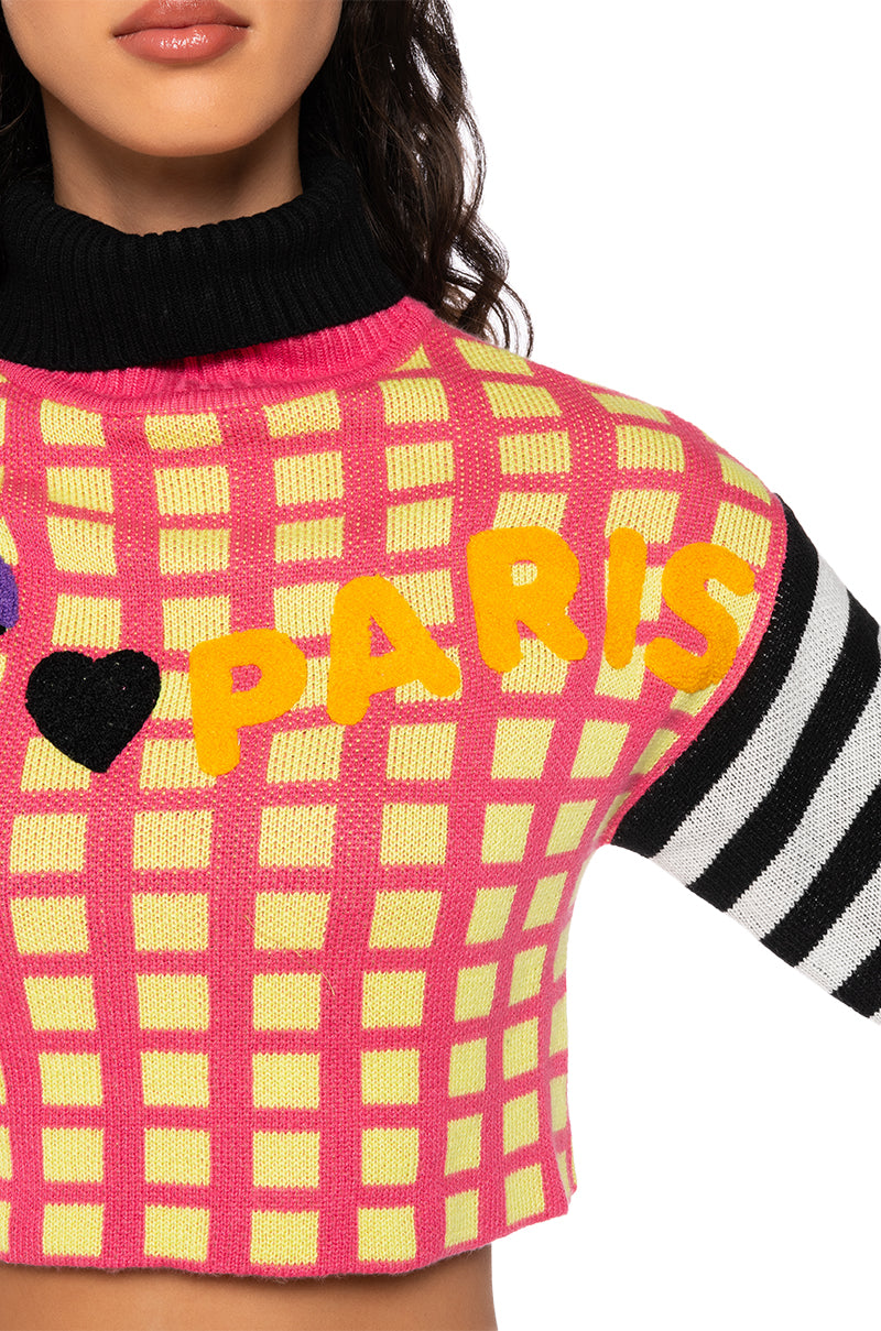 Extra View Bonjour Graphic Crop Turtleneck Sweater