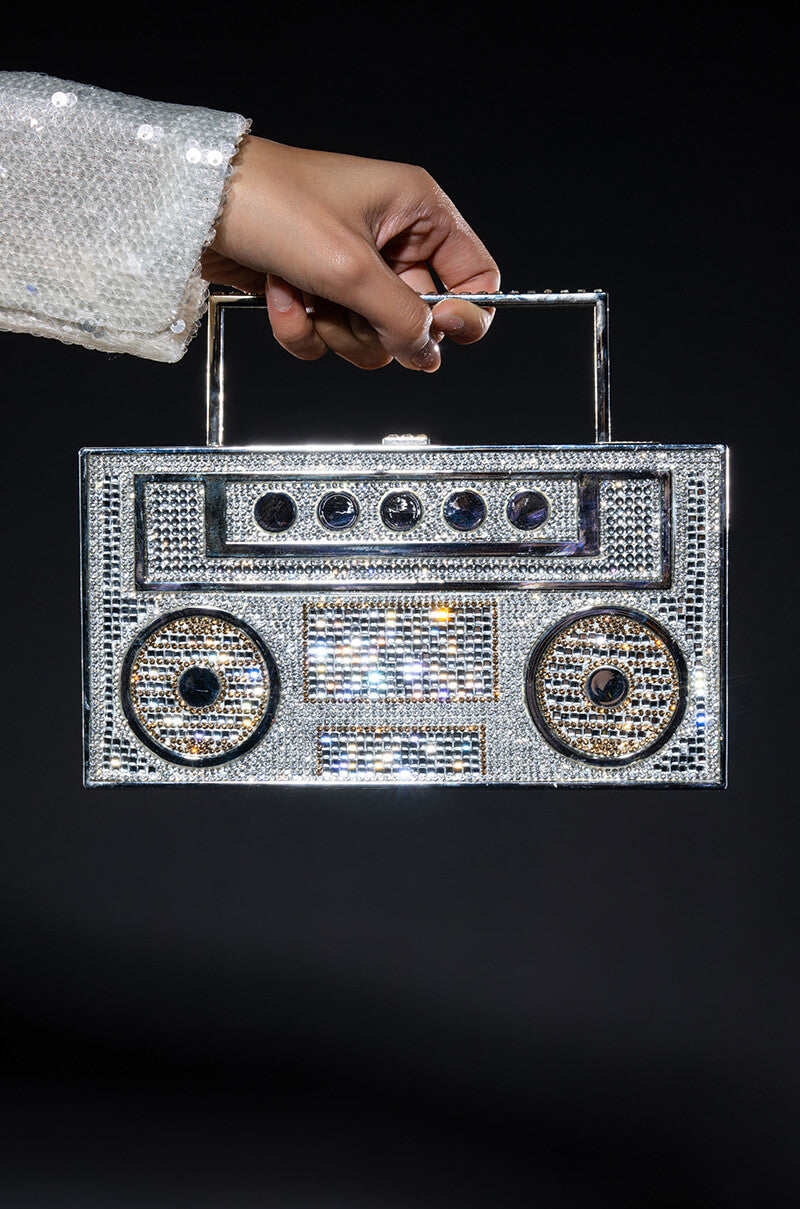 Front View Boom Box Rhinestone Embellished Novelty Bag