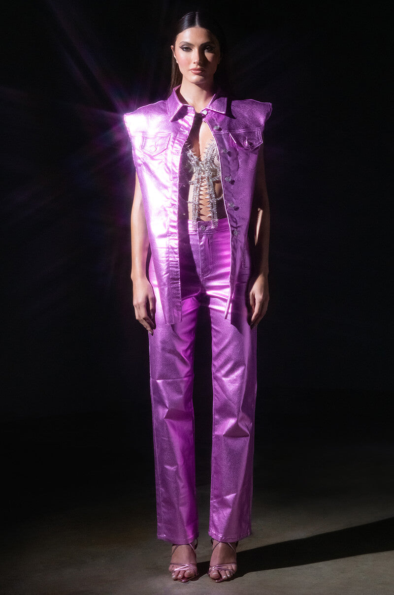 Extra View Born To Shine Metallic Straight Leg Pants In Pink