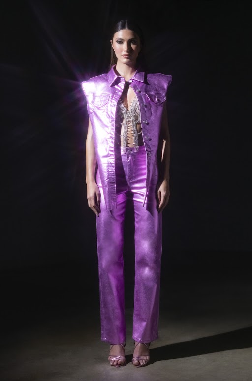 Extra View Born To Shine Metallic Straight Leg Pants In Pink