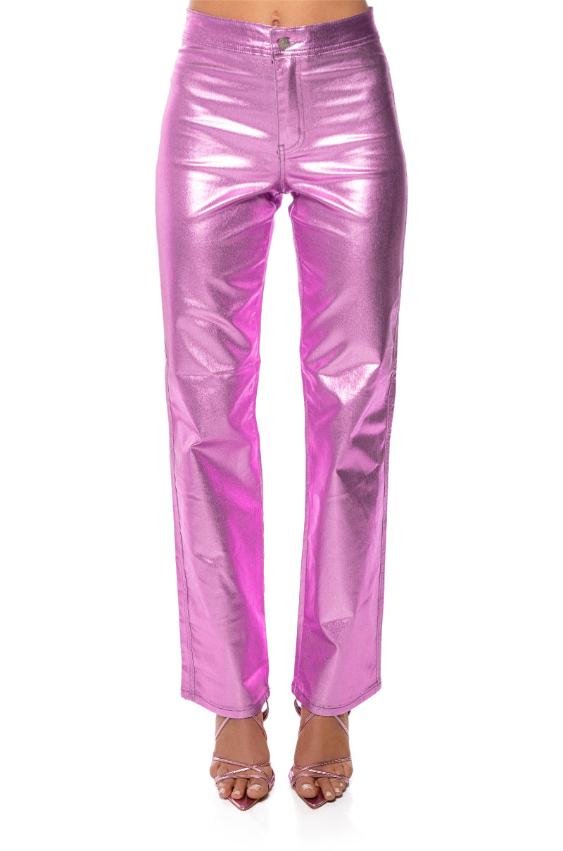 Full View Born To Shine Metallic Straight Leg Pants In Pink