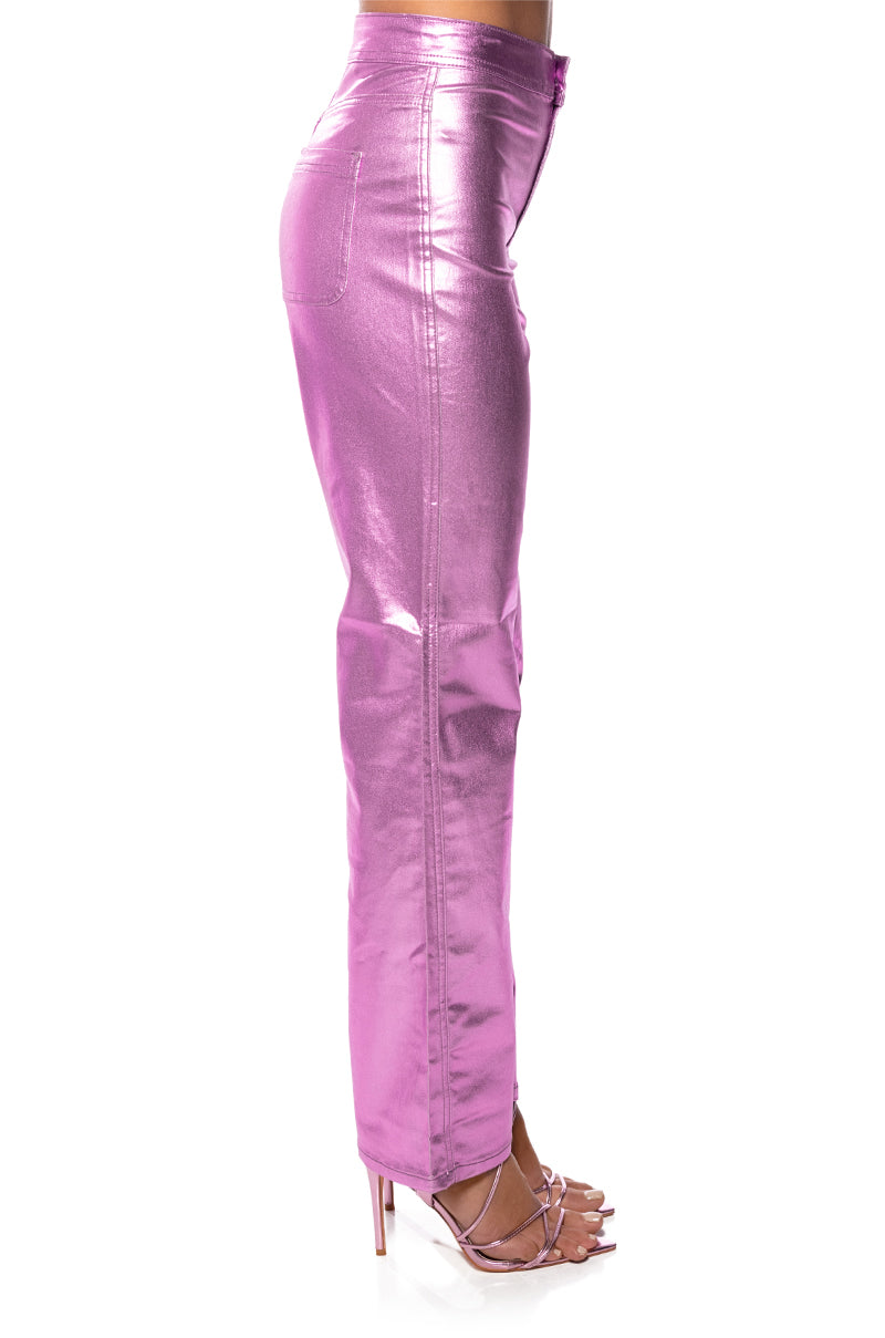 Extra View Born To Shine Metallic Straight Leg Pants In Pink