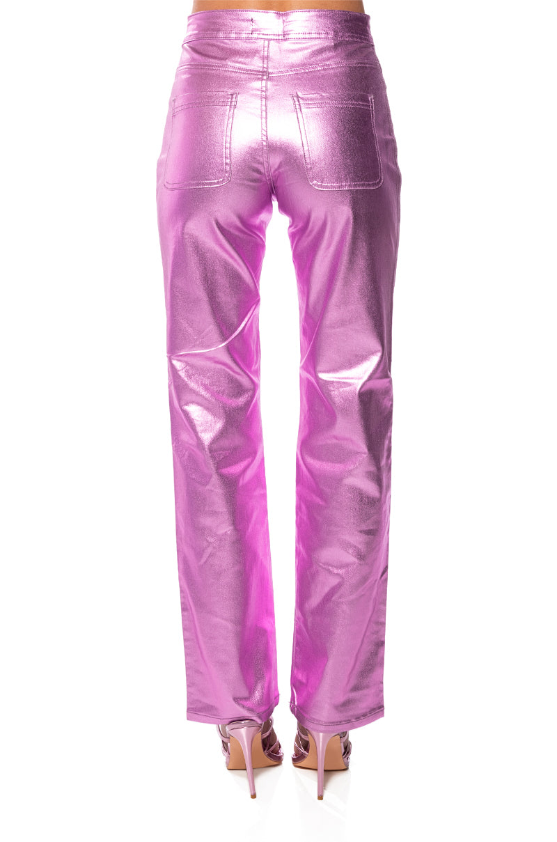 Extra View Born To Shine Metallic Straight Leg Pants In Pink