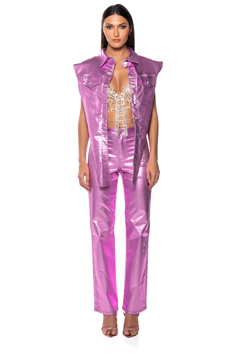Extra View Born To Shine Metallic Straight Leg Pants In Pink