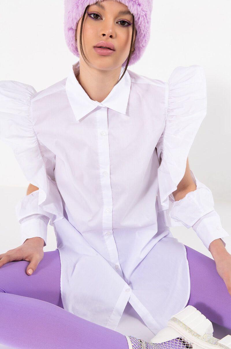 Front View Boss Babe Ruffle Sleeve Poplin Blouse 