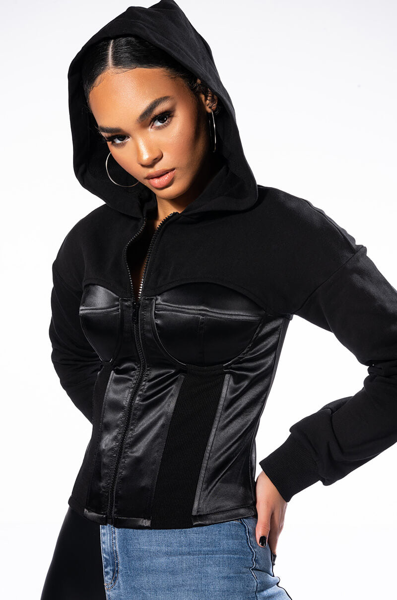 Front View Boss Moves Corseted Zip Up Sweatshirt
