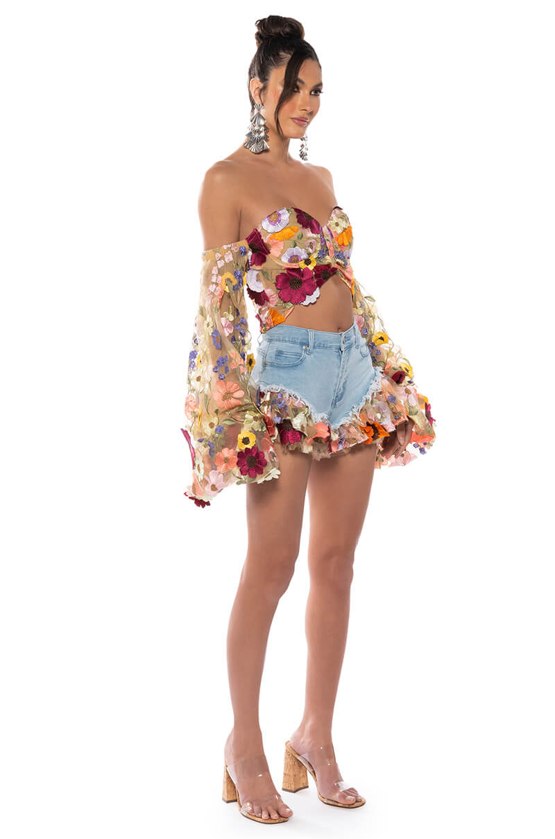 Full View Botanical Beauty Ruffle Denim Shorts