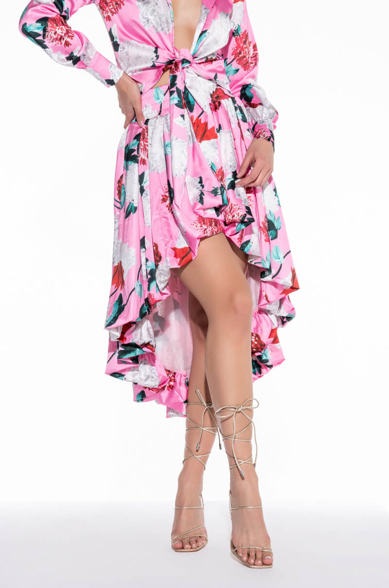 Front View Bouquet Satin High Low Midi Skirt