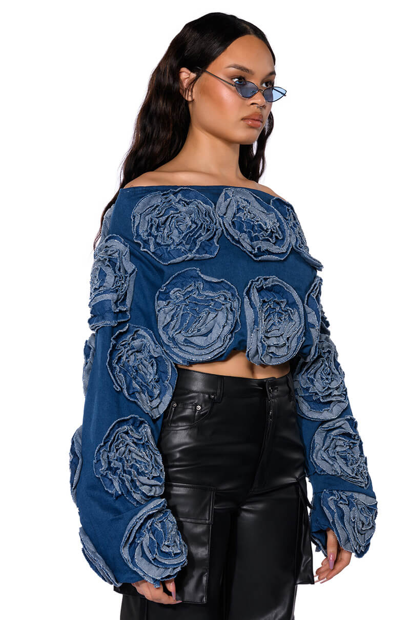Side View Bouquet Wishes Denim Off The Shoulder Sweatshirt 1