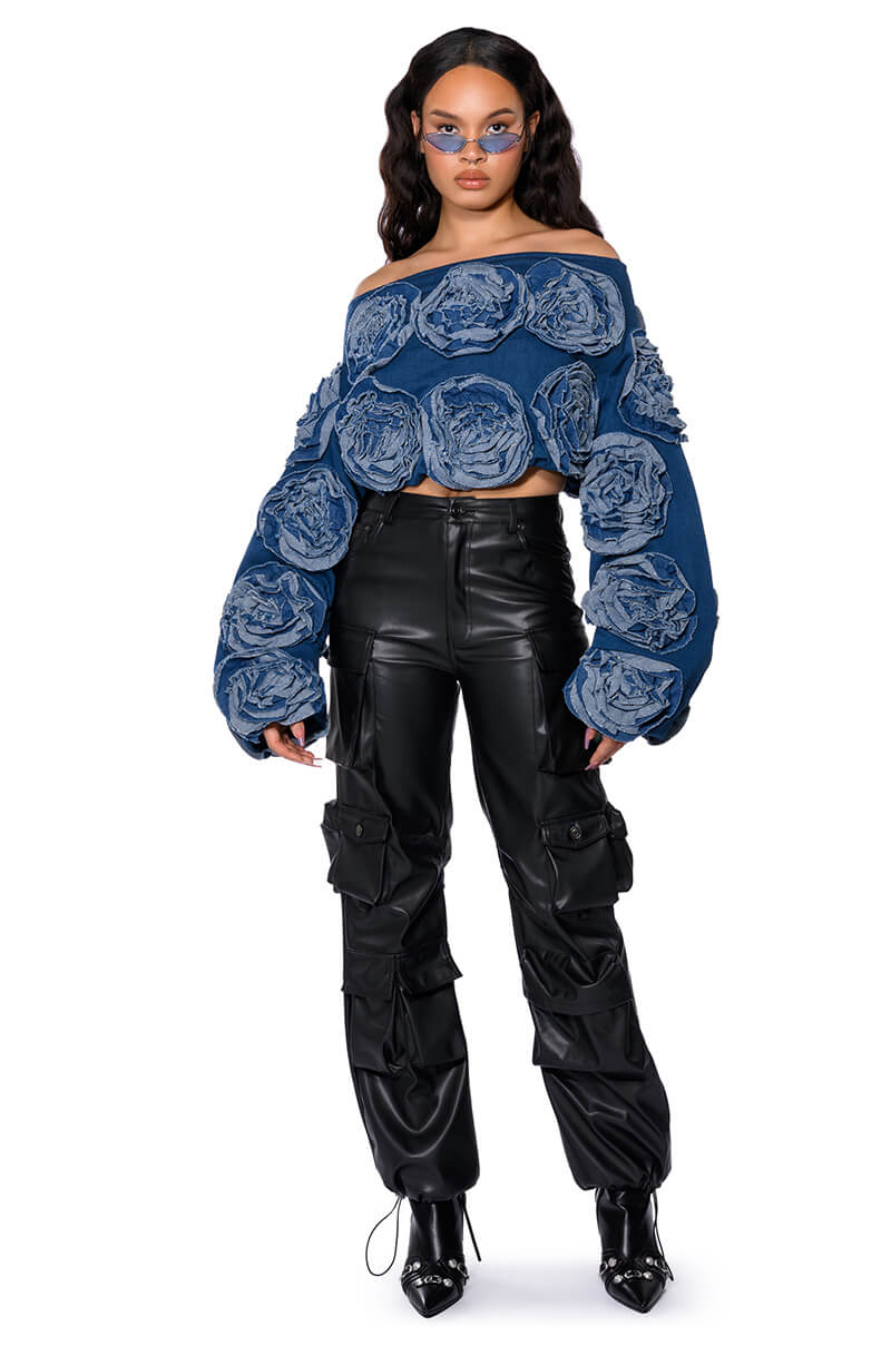 Back View Bouquet Wishes Denim Off The Shoulder Sweatshirt 2