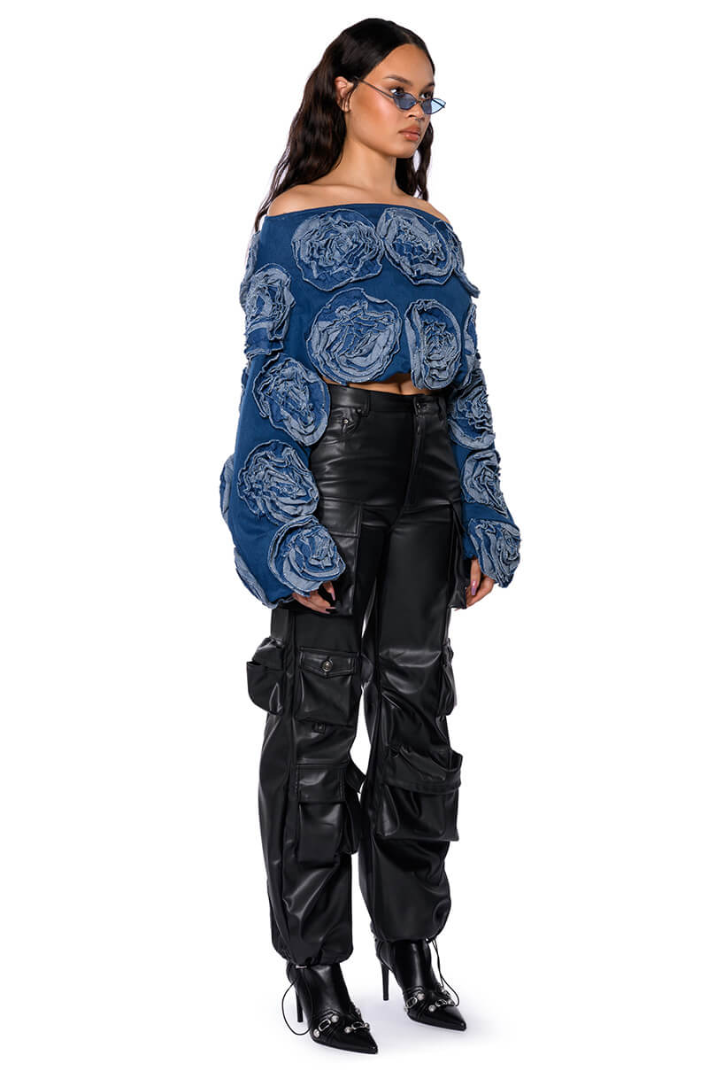 Detail View Bouquet Wishes Denim Off The Shoulder Sweatshirt 3