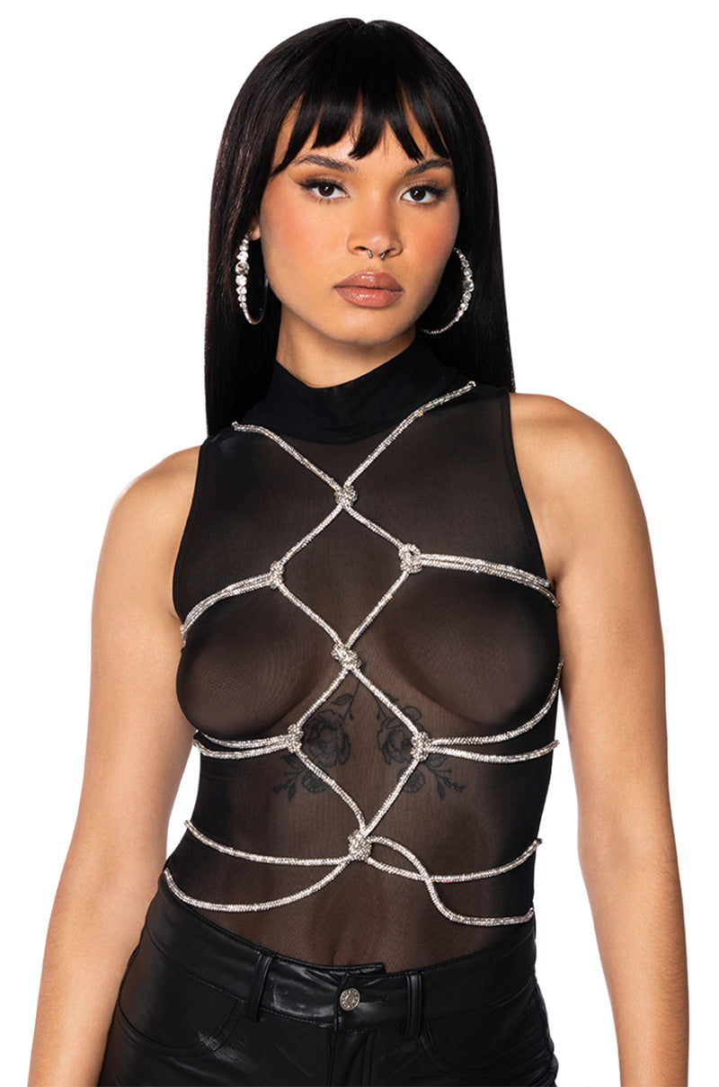 Front View Bout Time Rhinestone Chain Sleeveless Mock Neck Mesh Bodysuit