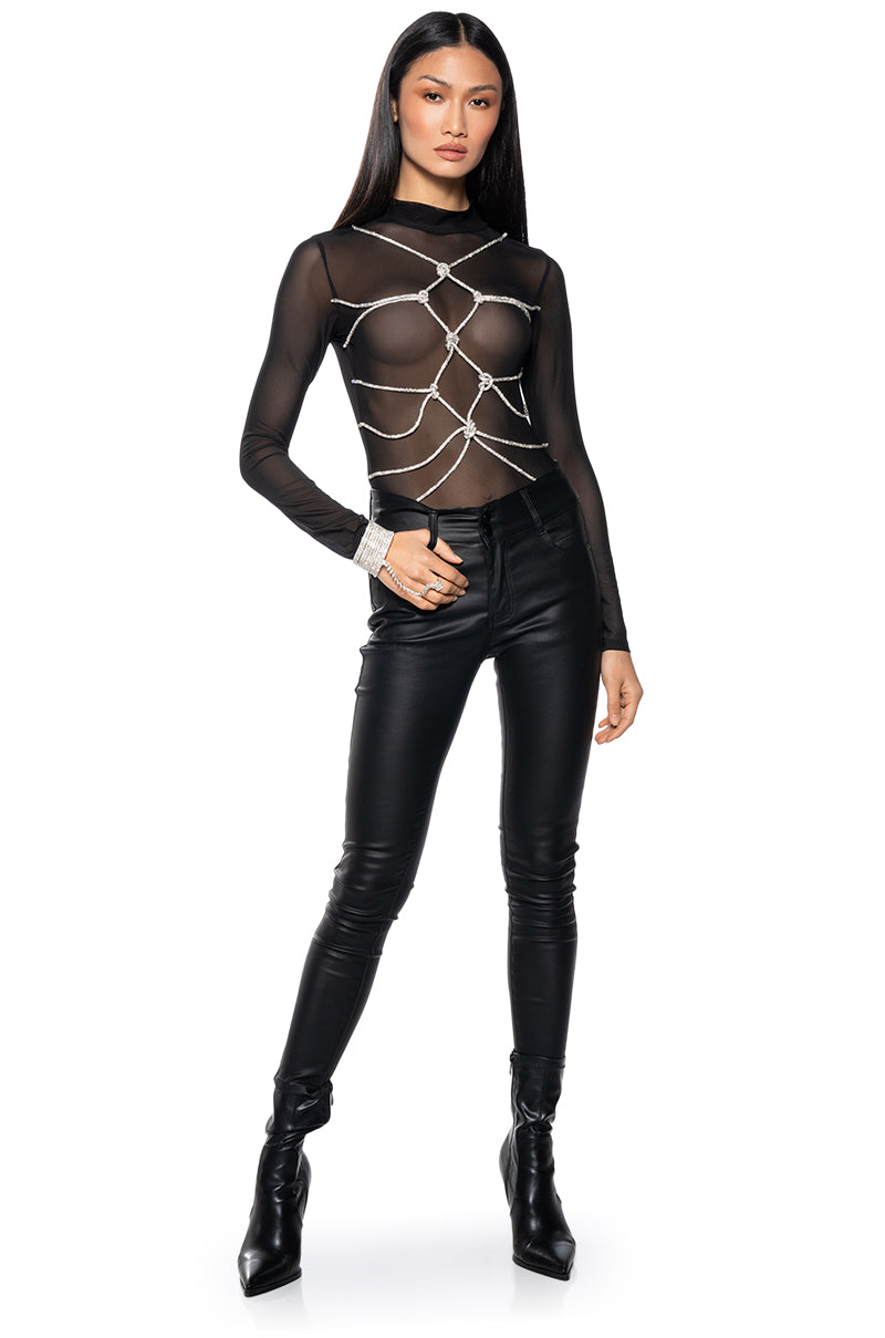 Side View Bout Time Rhinestone Rope Mesh Bodysuit