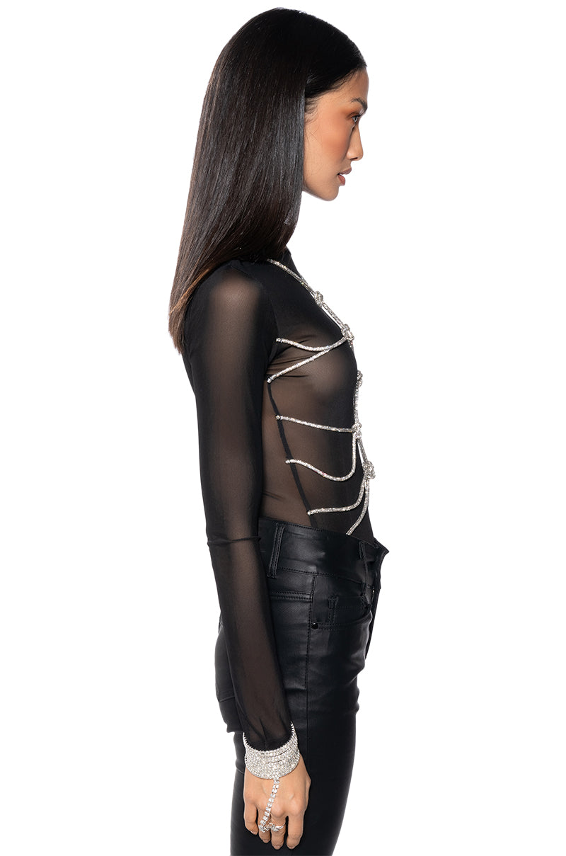 Back View Bout Time Rhinestone Rope Mesh Bodysuit
