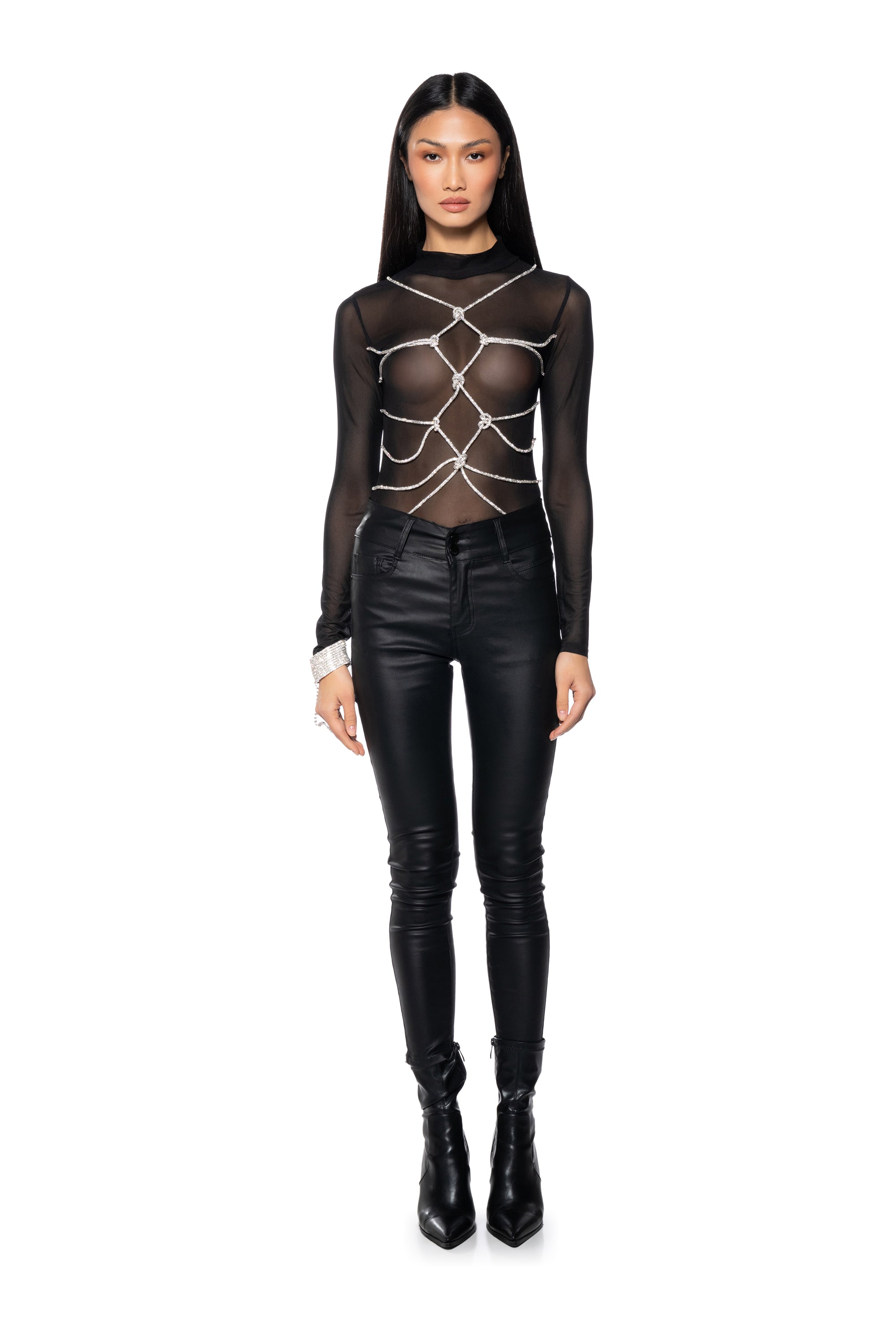 Extra View Bout Time Rhinestone Rope Mesh Bodysuit