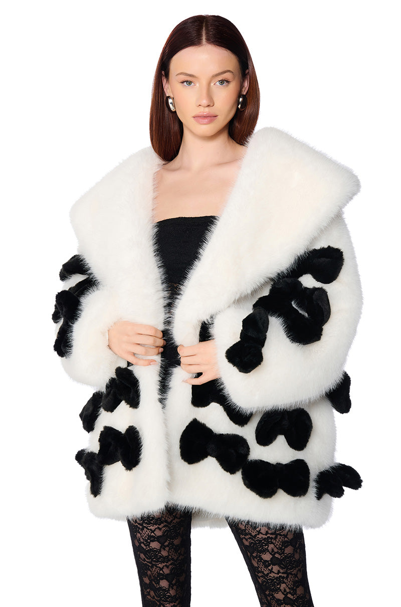 Front View Bow Core Faux Fur Jacket