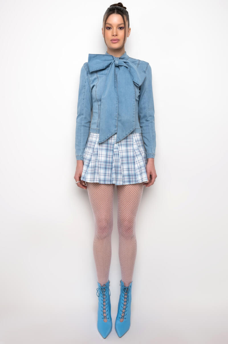 Extra View Bow Down Bish Denim Long Sleeve Top