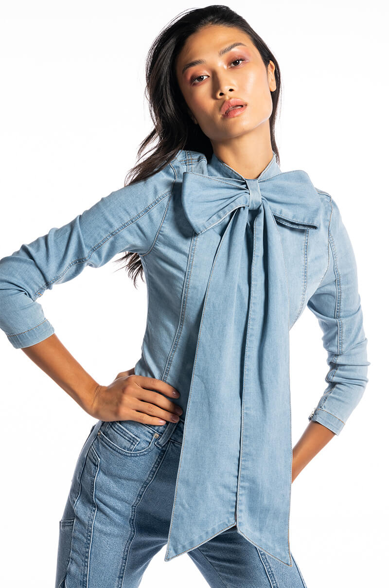 Side View Bow Down Bish Denim Long Sleeve Top