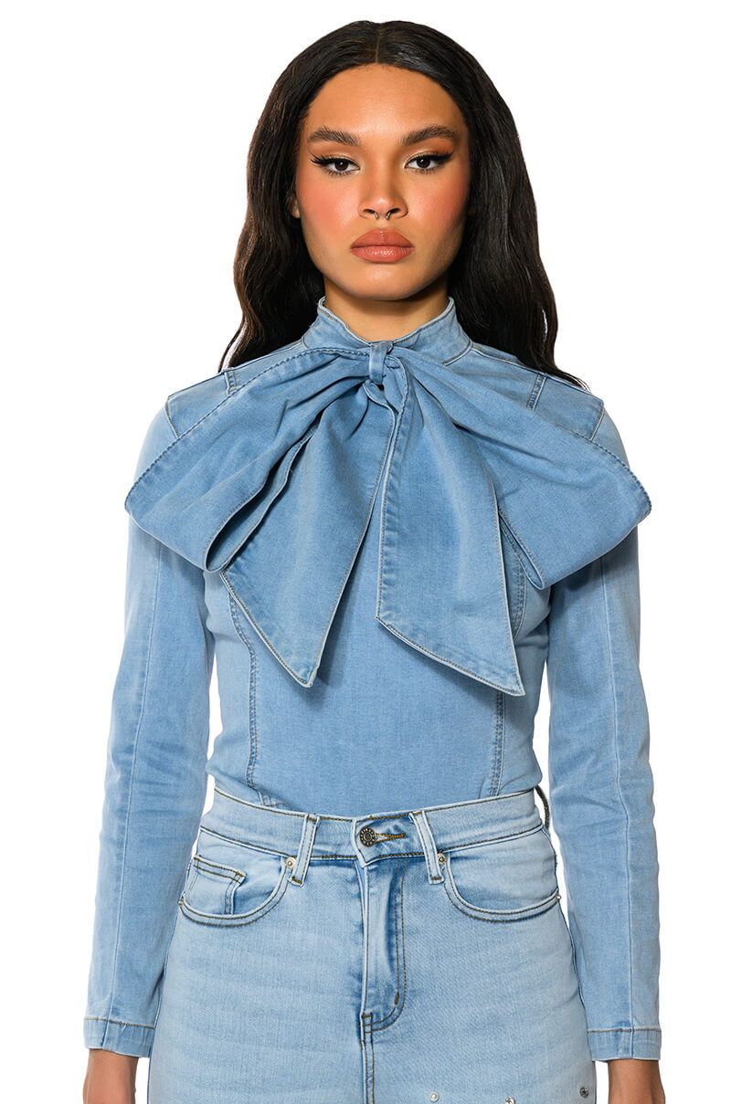 Side View Bow Down Bish Denim Long Sleeve Top