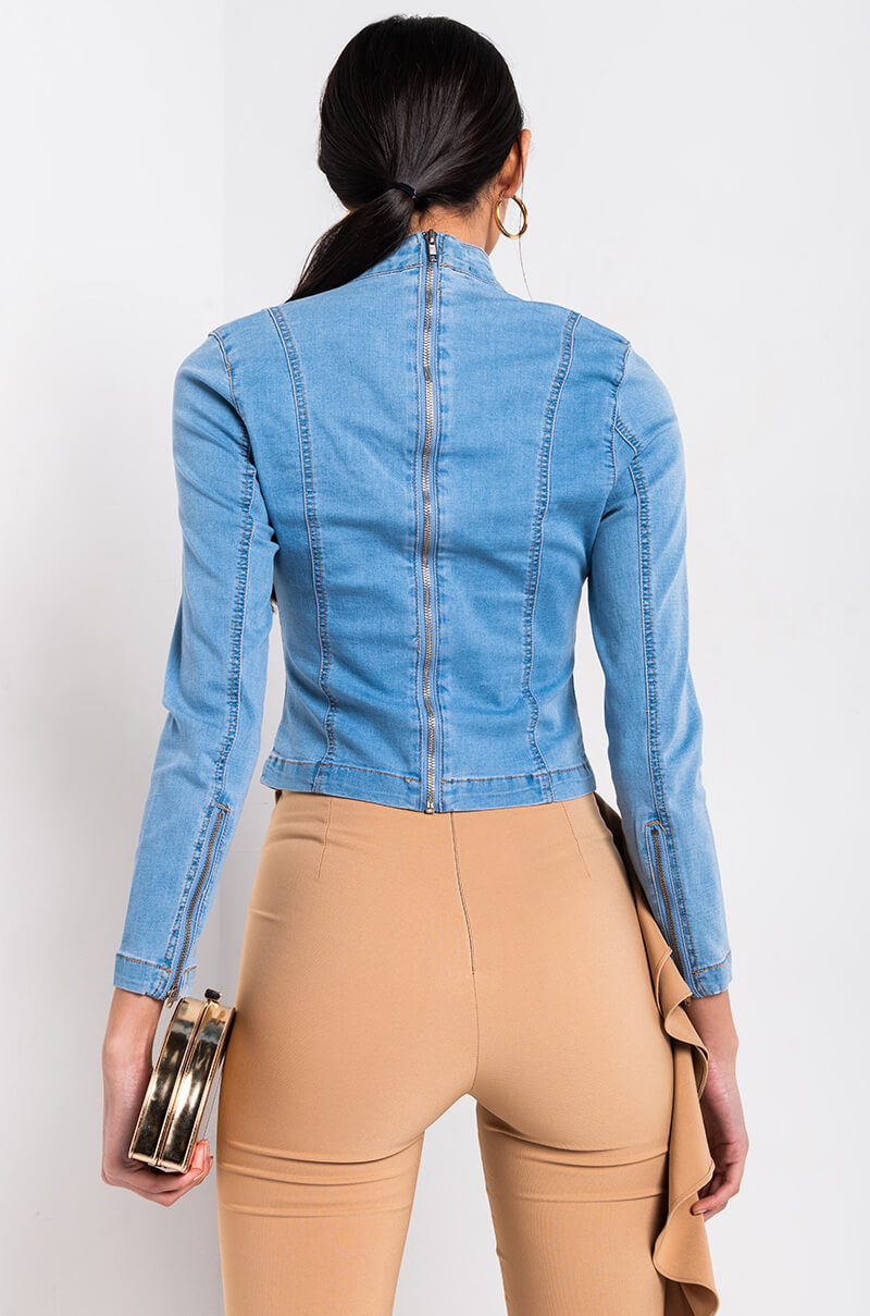 Back View Bow Down Bish Denim Long Sleeve Top in Blue