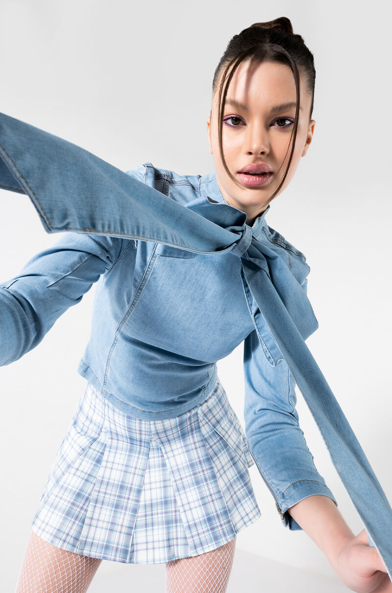 Detail View Bow Down Bish Denim Long Sleeve Top