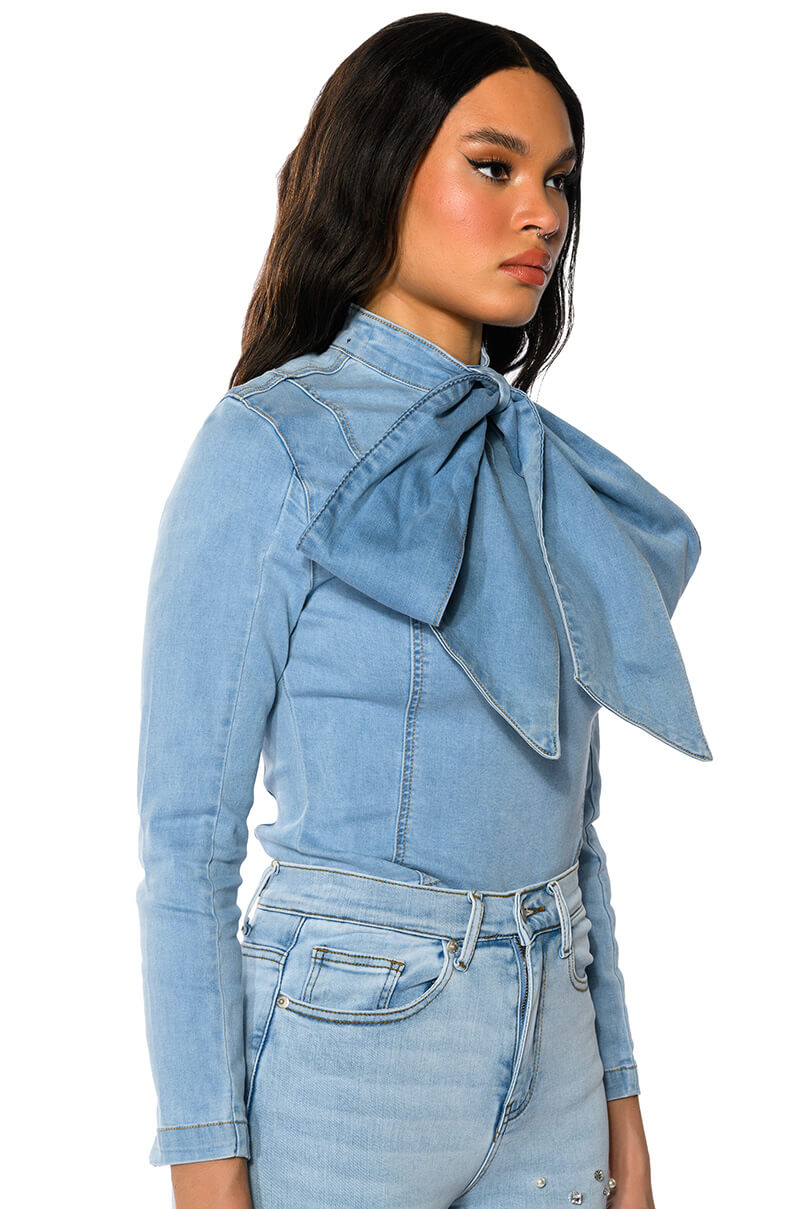 Detail View Bow Down Bish Denim Long Sleeve Top