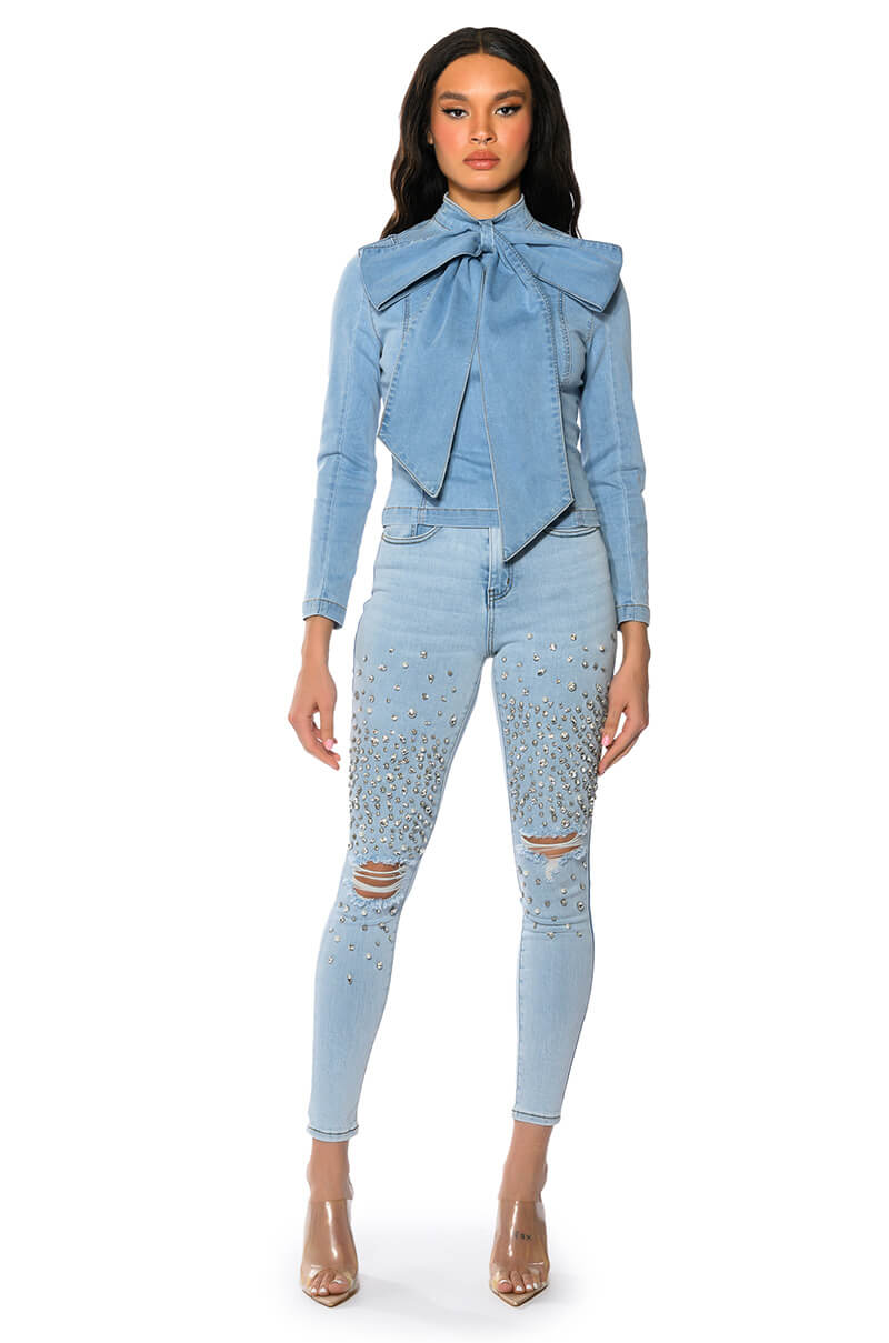 Full View Bow Down Bish Denim Long Sleeve Top