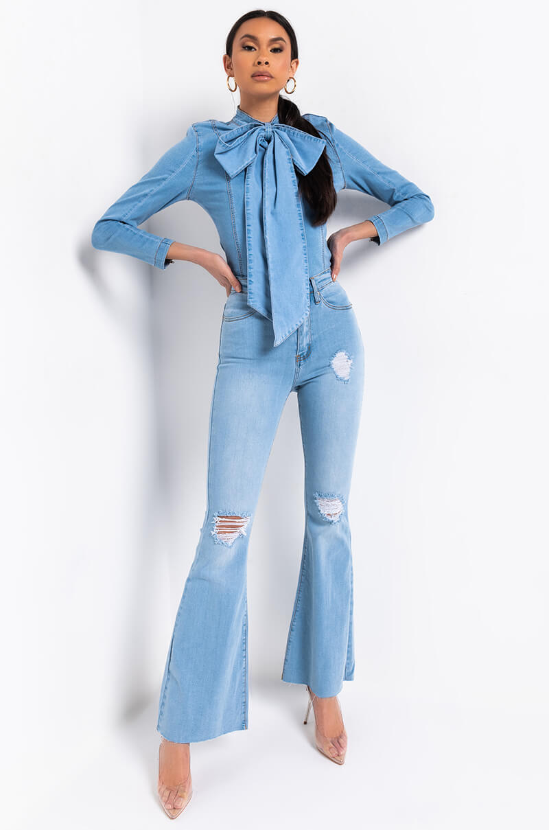 Full View Bow Down Bish Denim Long Sleeve Top in Blue