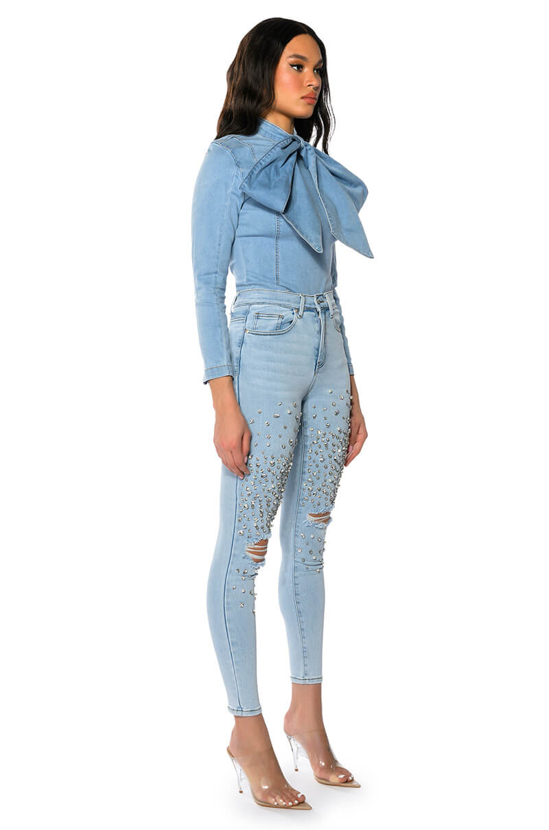 Extra View Bow Down Bish Denim Long Sleeve Top