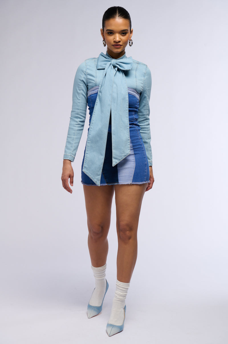 Extra View Bow Down Bish Denim Long Sleeve Top