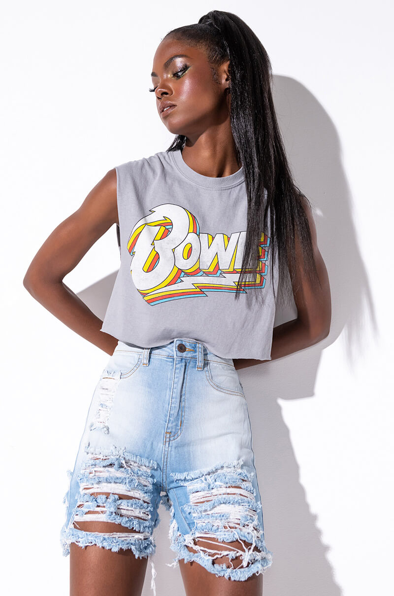 Front View Bowie Crop Graphic T in Grey
