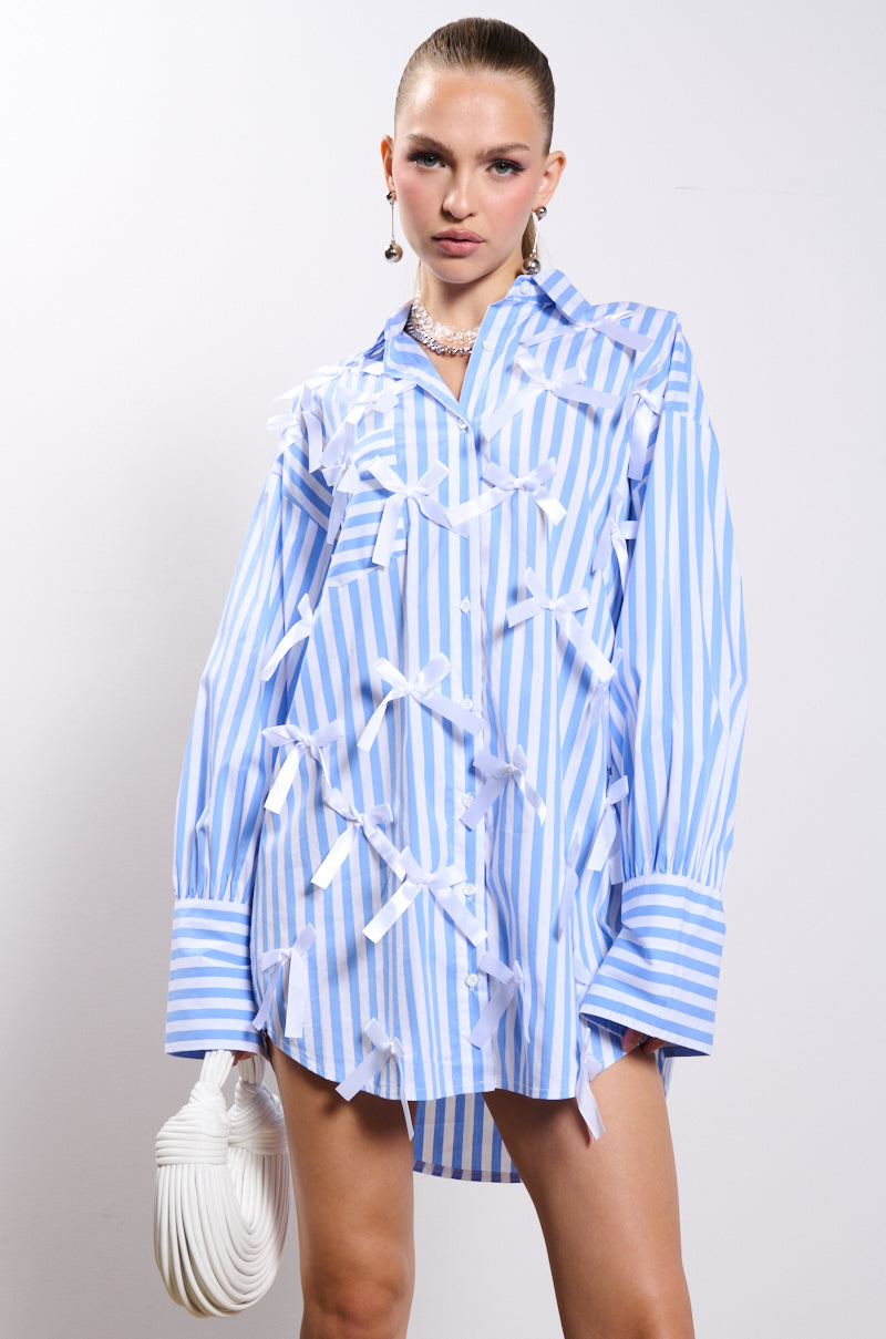 Side View Bows Striped Poplin Shirt Dress