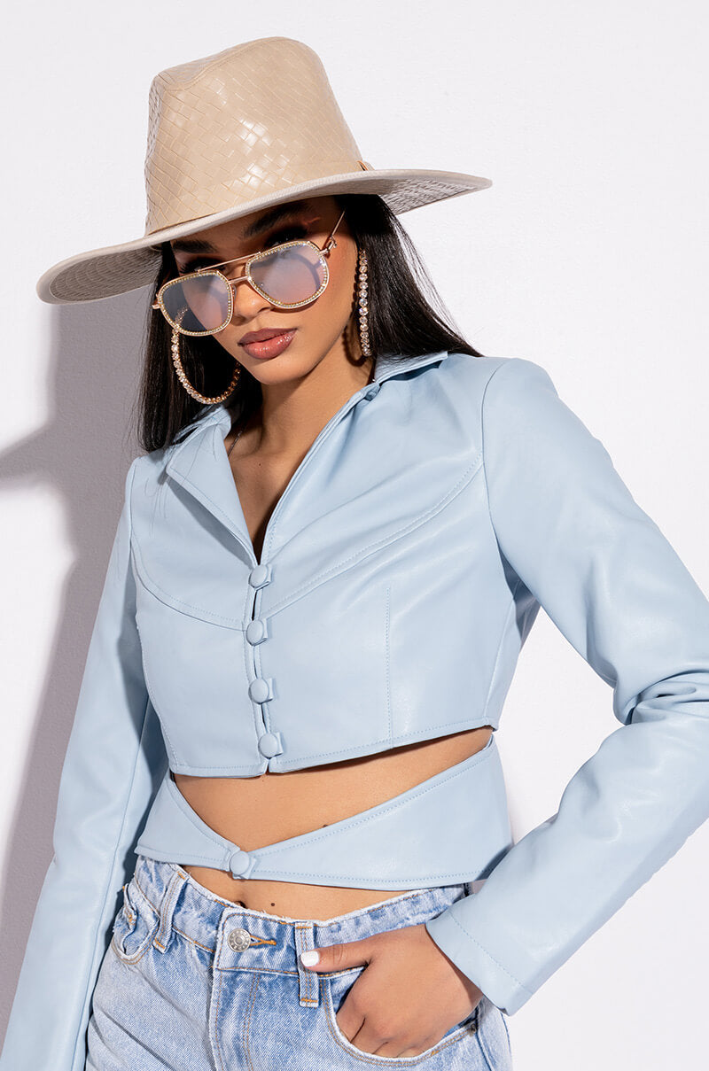 Front View Boy Blue Cut Out Blazer In Pleather