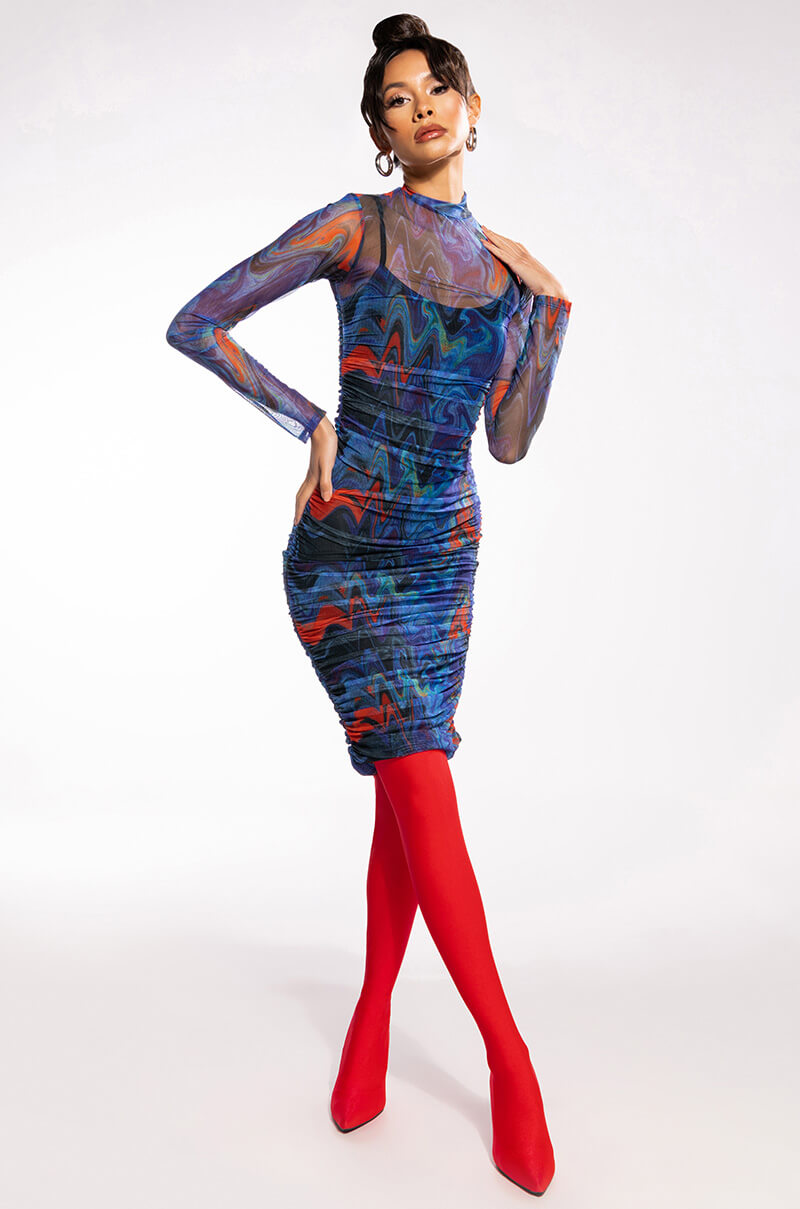Front View Break The Mold Long Sleeve Ruched Mesh Midi Dress