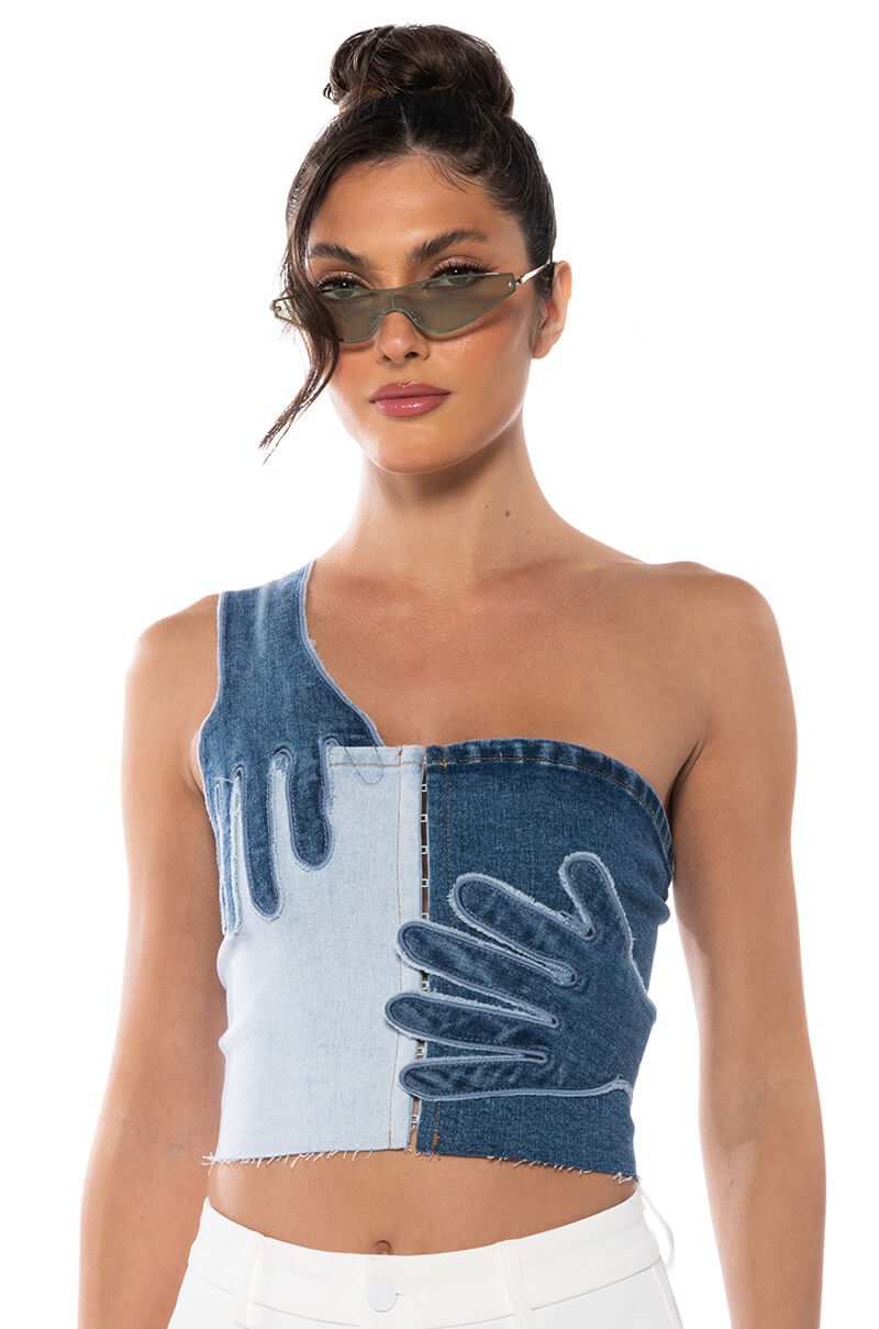 BREAKING CHAINS TWO TONED DENIM TOP view 0