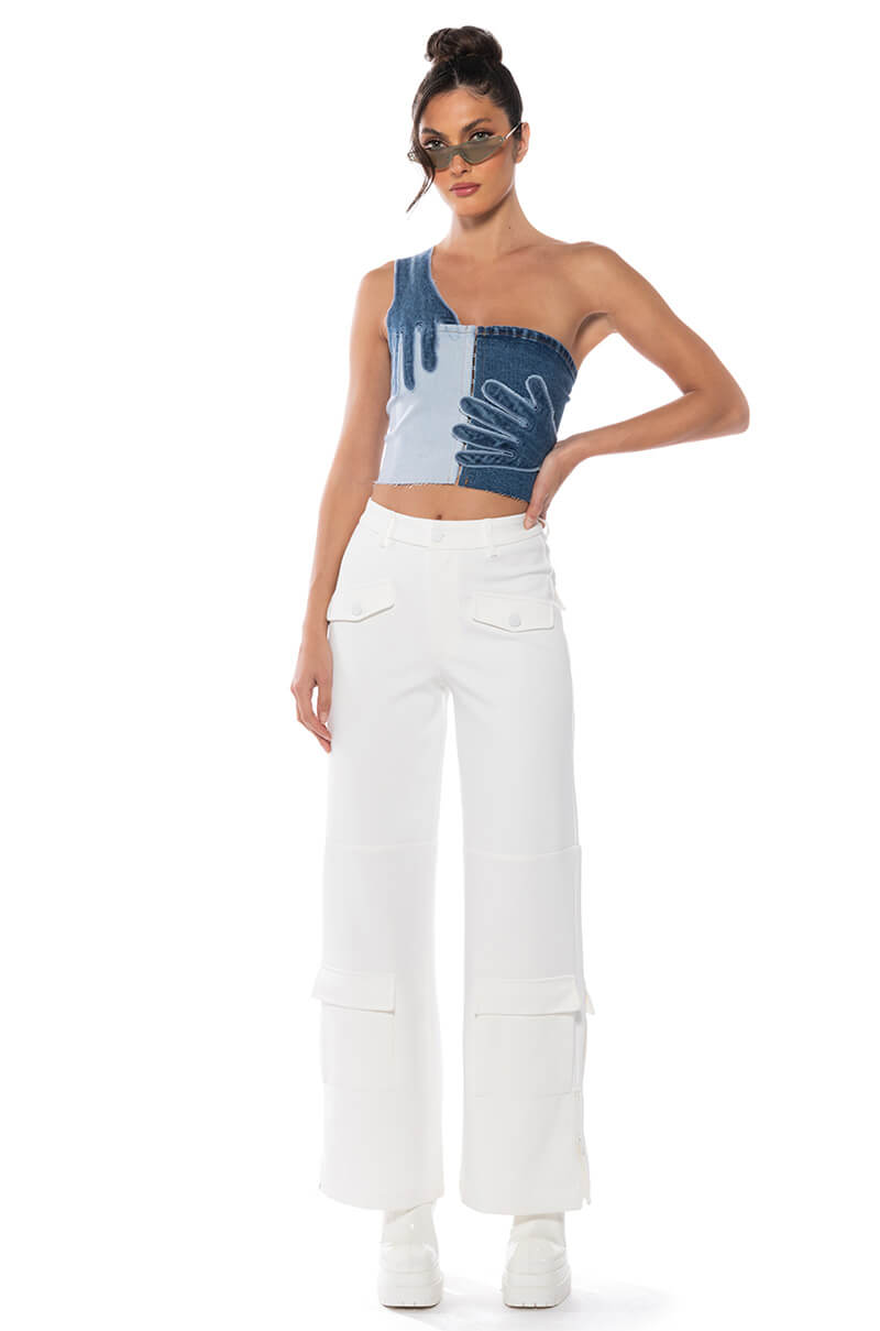 Side View Breaking Chains Two Toned Denim Top